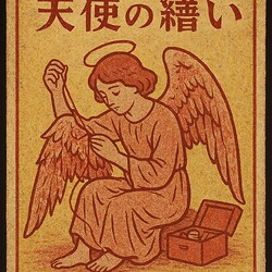 A vintage Japanese matchbox cover design featuring an angel sitting quietly, with a sewing box besid